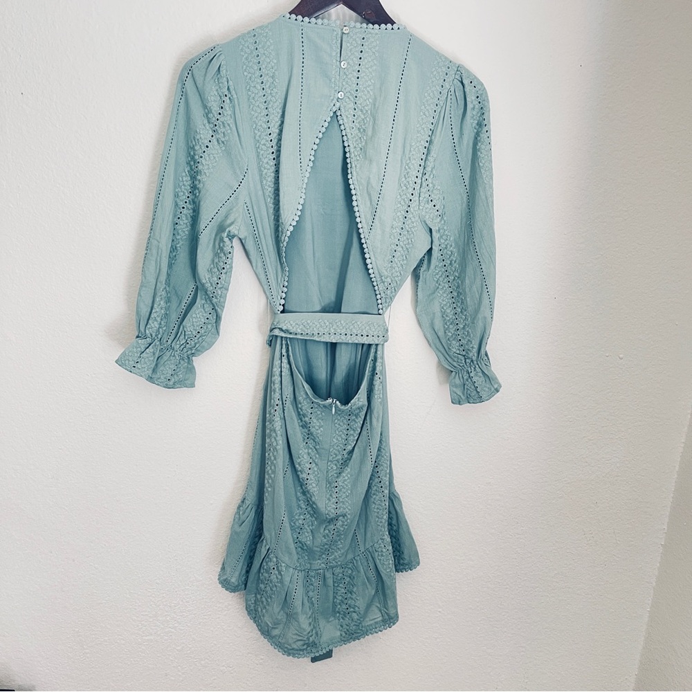 Eyelet Backless Mini Dress w/ round neckline and puff sleeves. Teal color - Picture 7 of 8